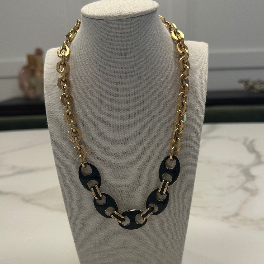 TOVA - Reversible Vintage Style Black & Beige/Taupe Enamel Coated Link Necklace